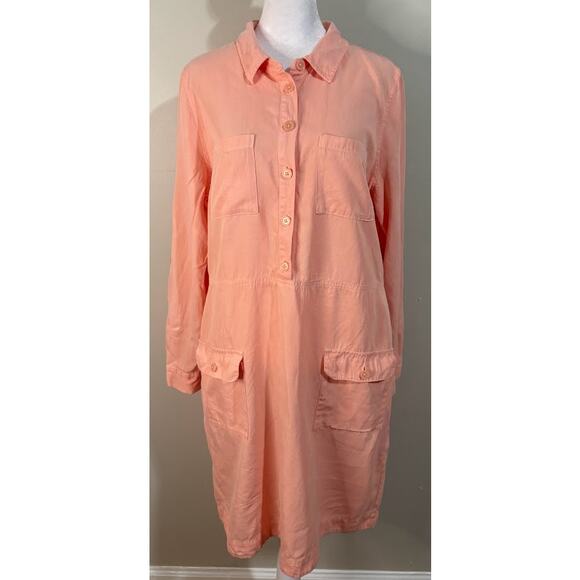 Soft Surroundings Peach Linen Blend Roll Tab Sleeve Shirt Dress Size Medium - Picture 1 of 9